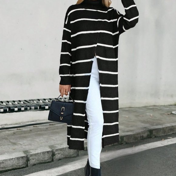 Black and White Casual Striped Pattern Drop Shoulder Split Hem Longline Sweater - Picture 5 of 6